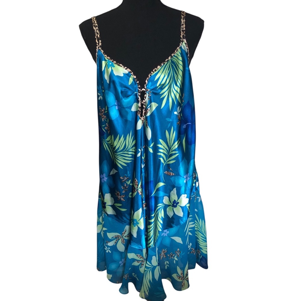 Y2K Secret Treasures Chemise Babydoll Women 2X Slip Gown Turquoise Floral Sheer